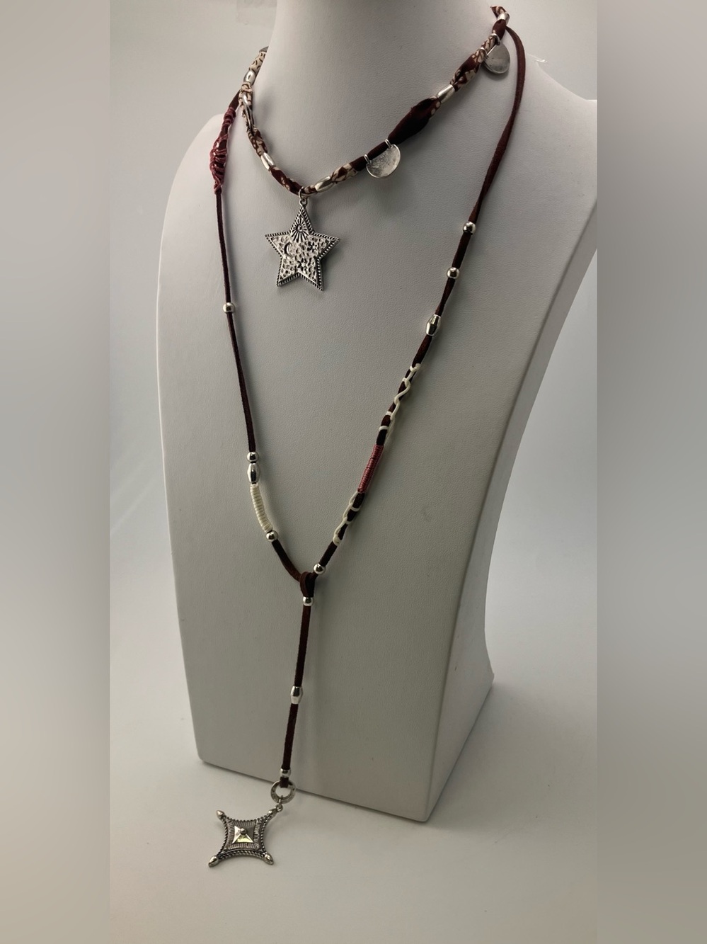 Free People Boho Star & Pendant Layered Lariat Necklace - Burgundy Silver. NWOT